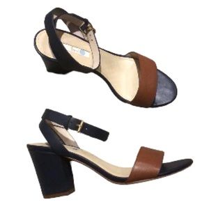 Boden navy blue brown leather ankle strap sandals Sz 39/8 chunky heels